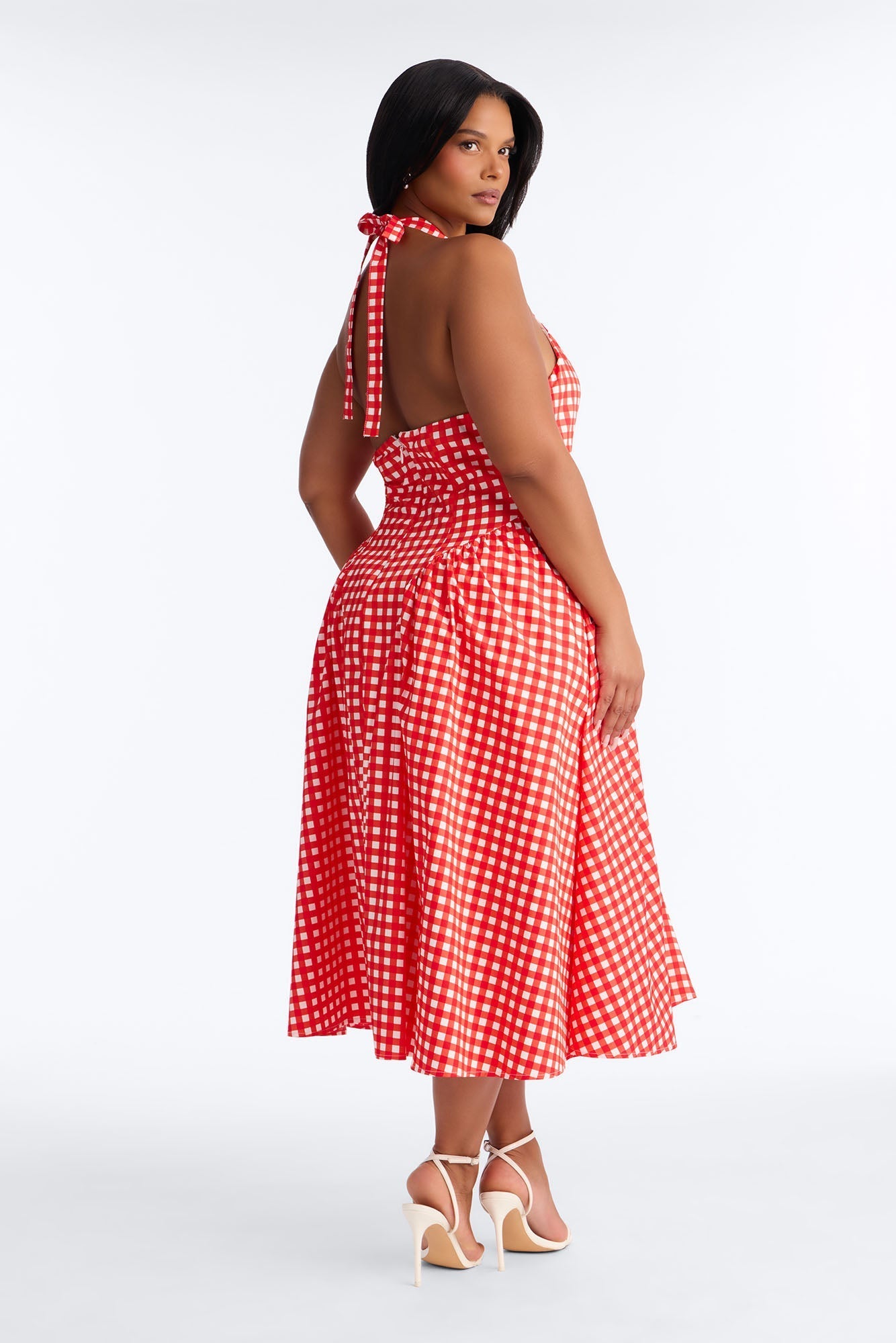 Mara Corset Gingham Midi Dress - Red/combo