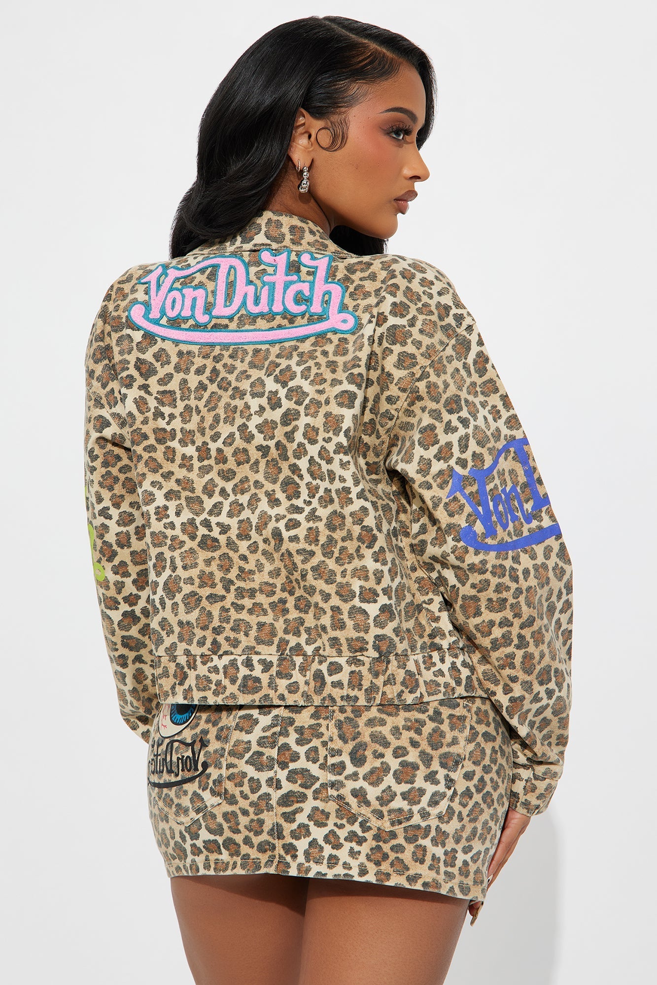 Von Dutch Leopard Denim Bomber Jacket - Brown/combo