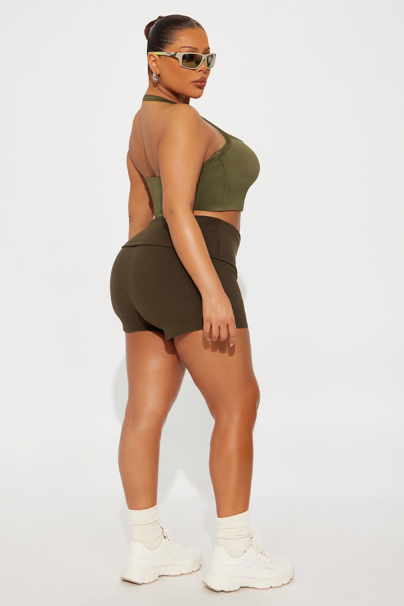 Contour Double Lined Cropped Halter Top - Military Green