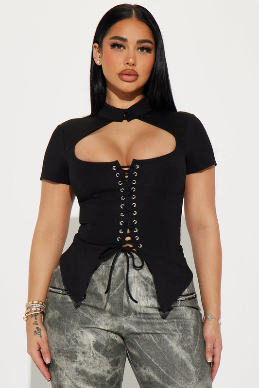 Read My Lips Lace Up Corset - Black