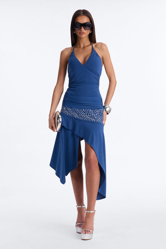 Hallie Studded Asymmetrical Midi Dress - Navy