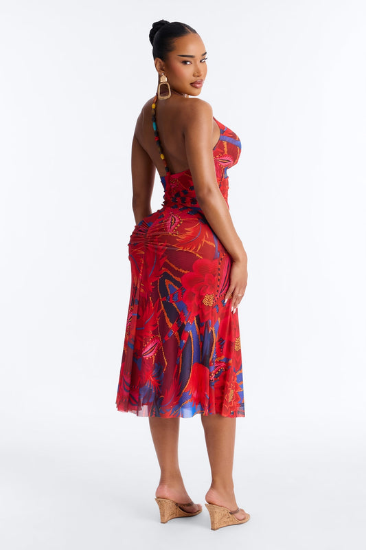 Draya Floral Mesh Midi Dress - Red/combo
