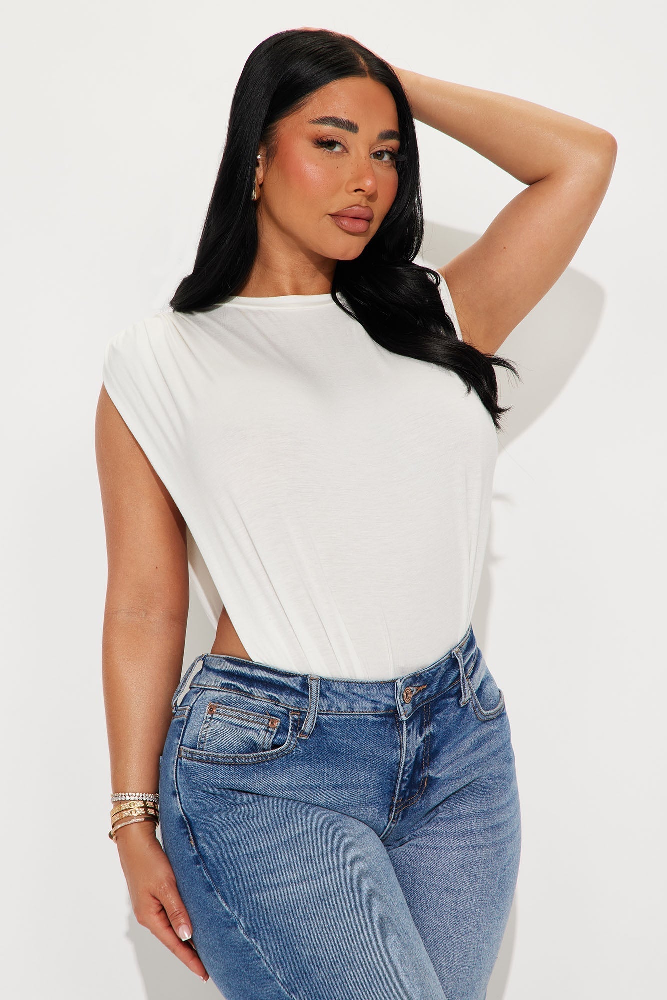 Open Concept Ruched Sleeveless Bodysuit - Off White