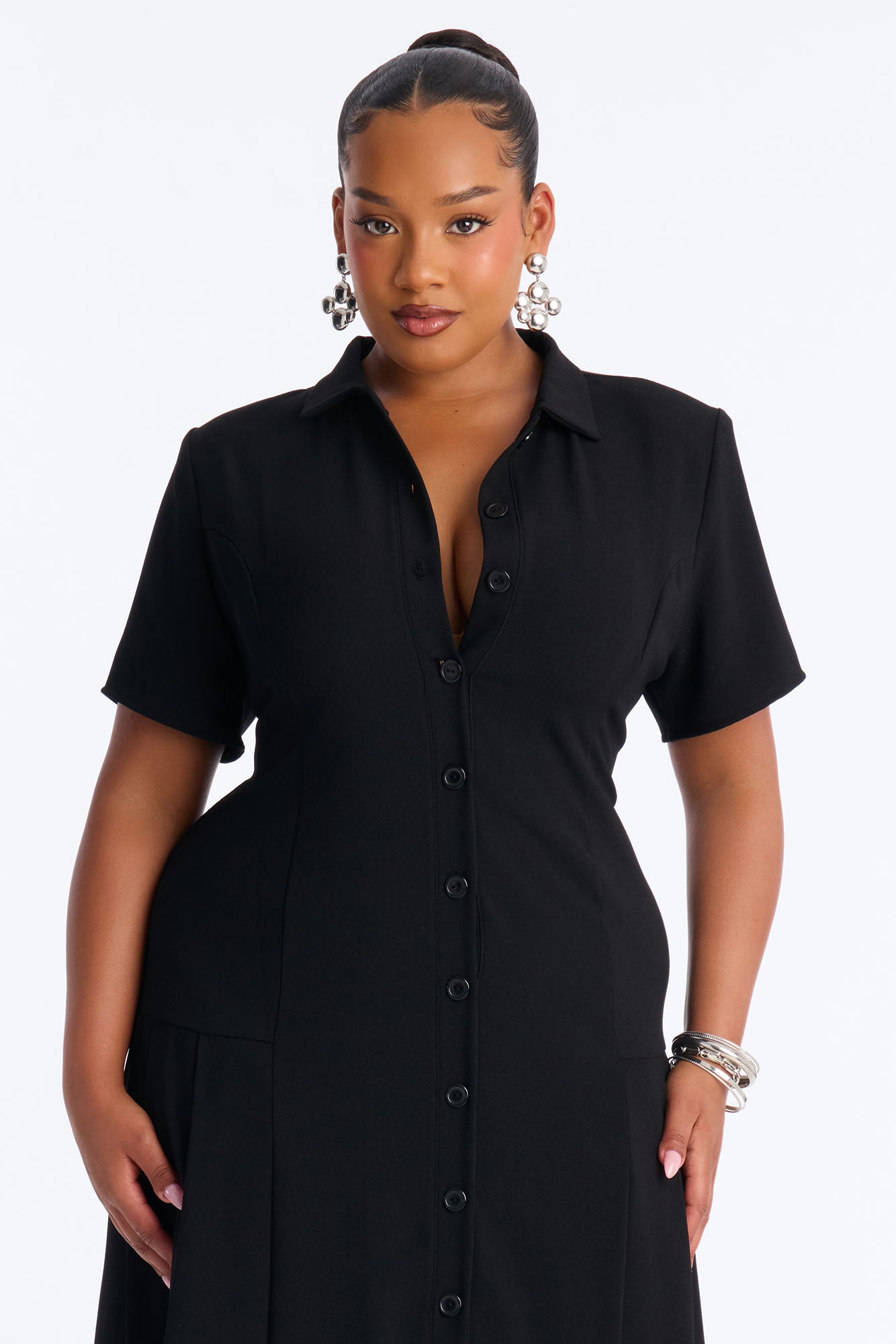 Delaney Button Up Pleated Midi Dress - Black
