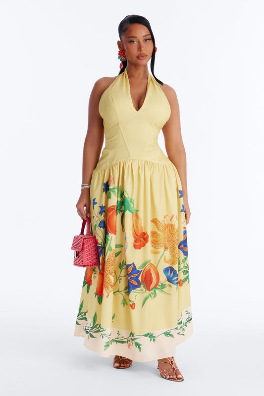 Summer Goddess Halter Maxi Dress - Yellow