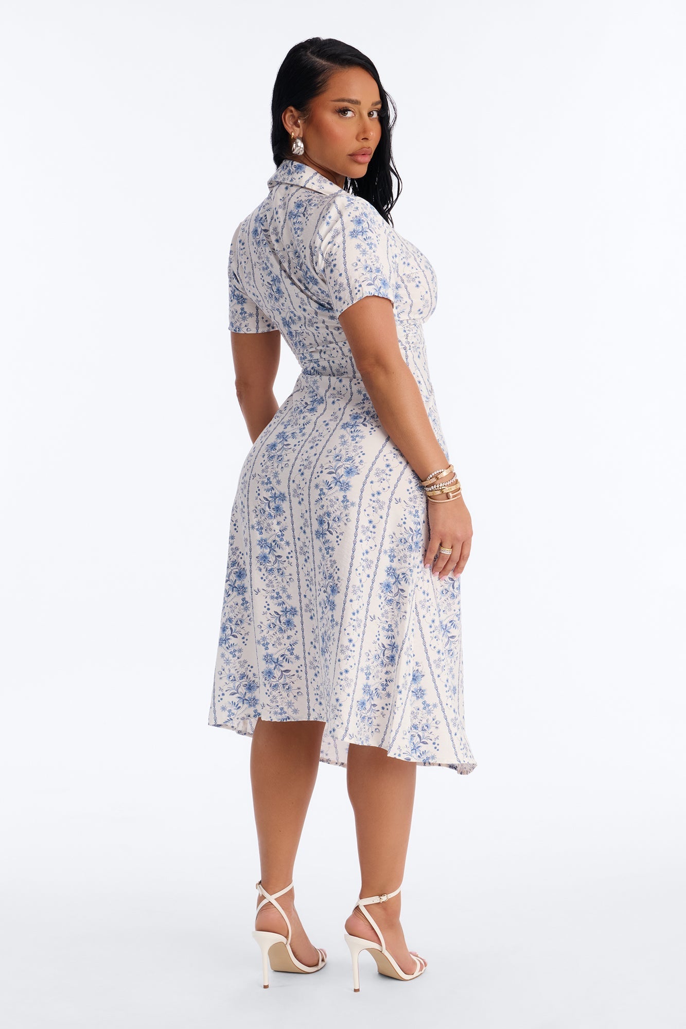 Selene Ruched Floral Midi Shirt Dress - Blue/combo