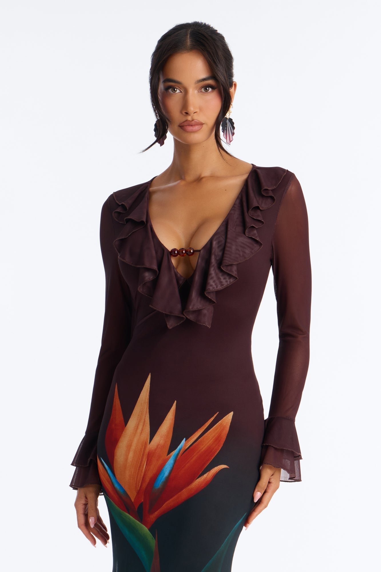 Erica Ruffle Mesh Maxi Dress - Brown/combo