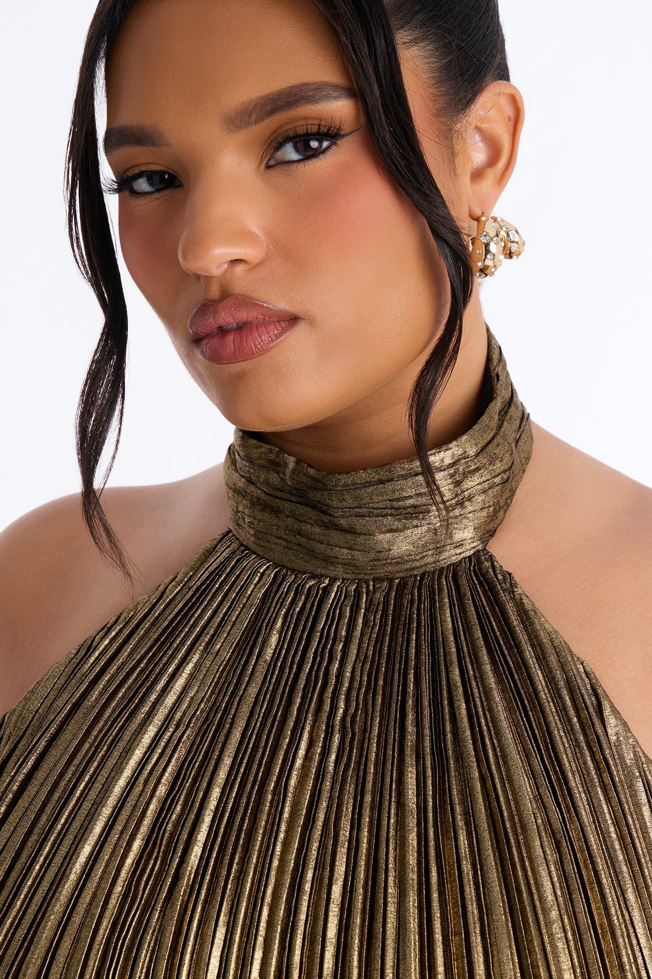 Pop Off Pleated Metallic Mini Dress - Bronze