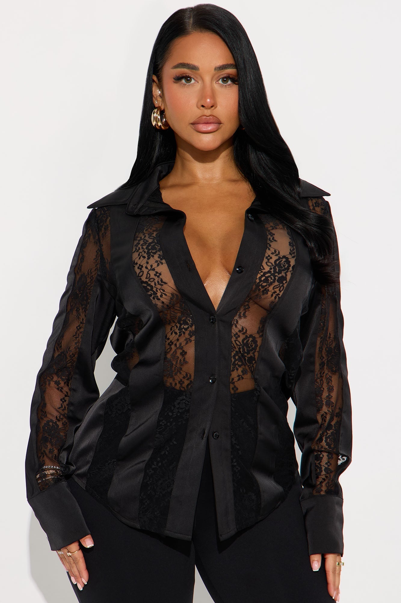 Lace Whispers Satin Shirt - Black