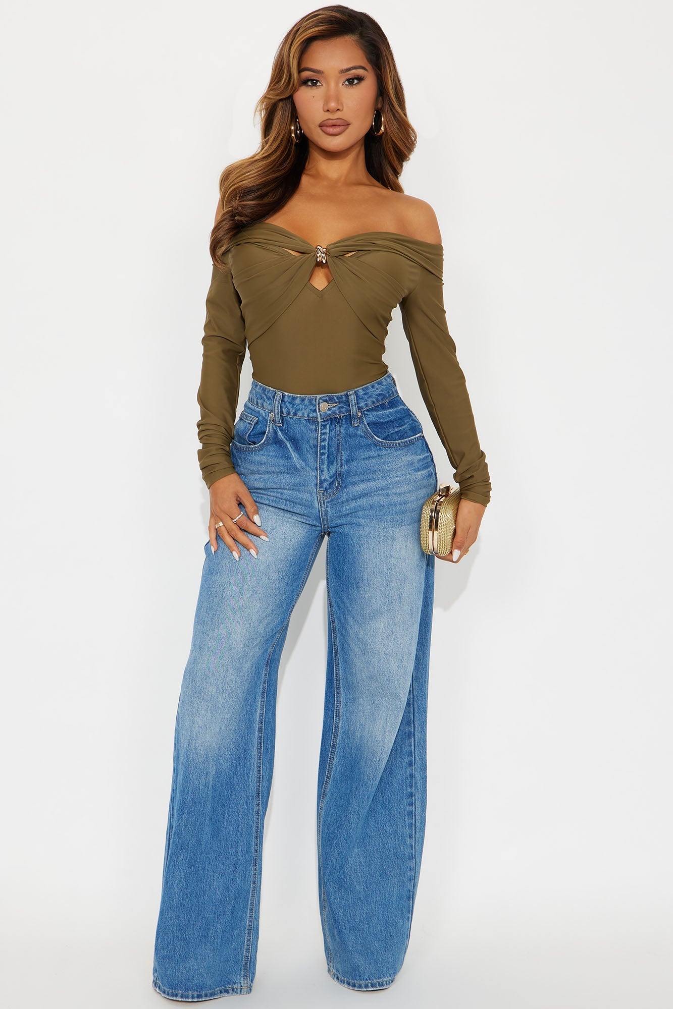 Sylvie Long Sleeve Off Shoulder Bodysuit - Olive
