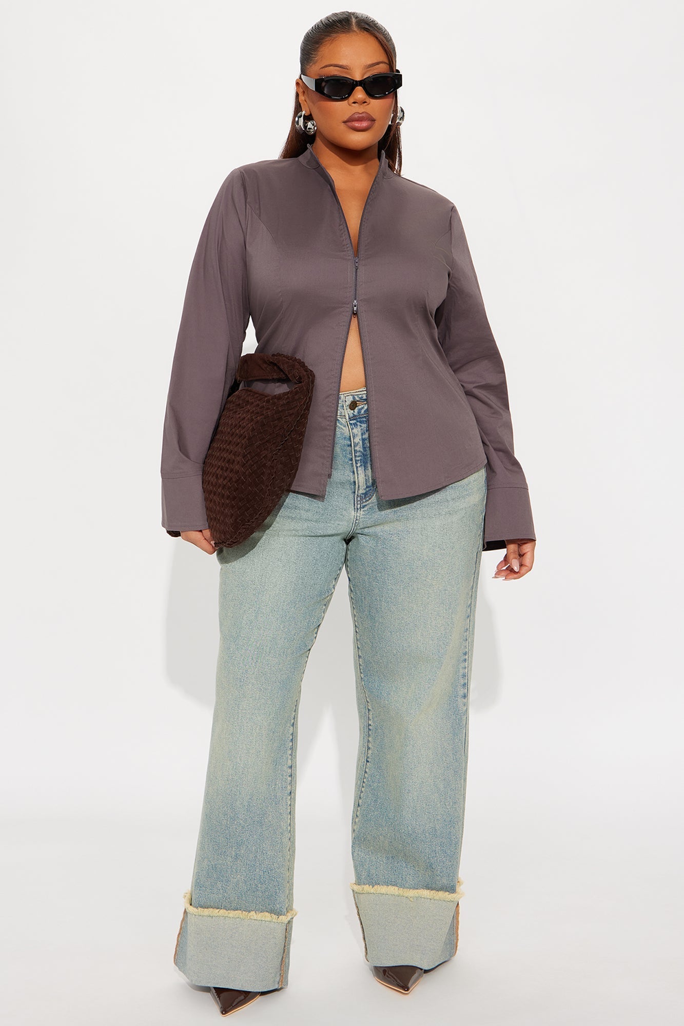 Kara Poplin Zip Up Shirt - Grey