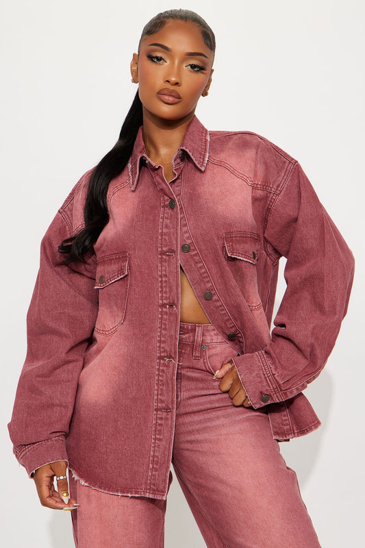 Slow Fade Denim Shacket - Burgundy