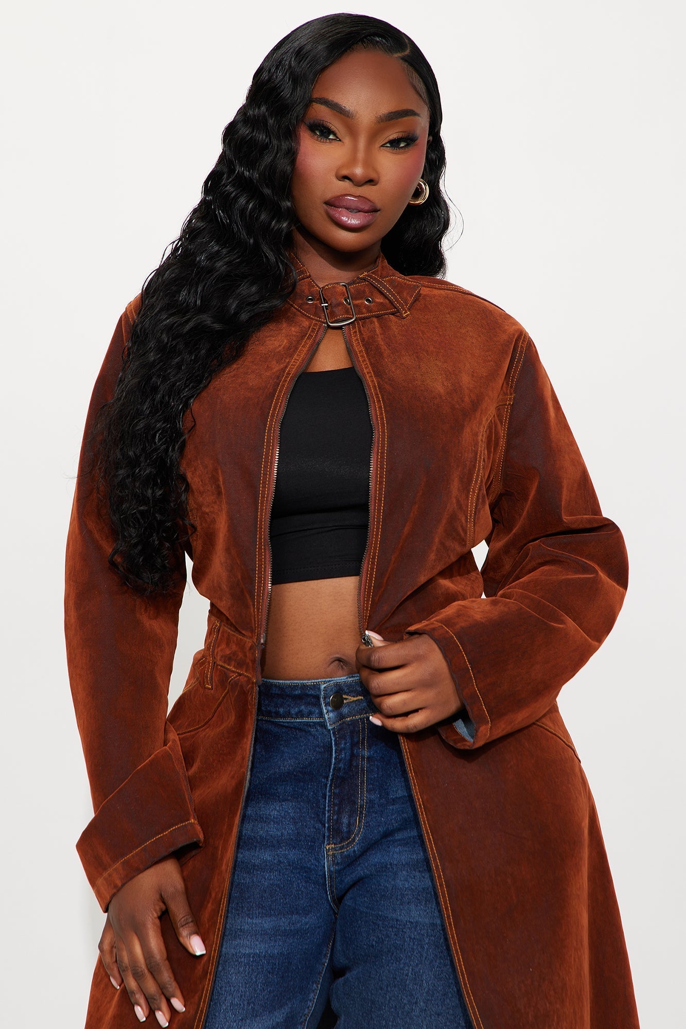 Take A Chance Flocked Denim Trench - Brown