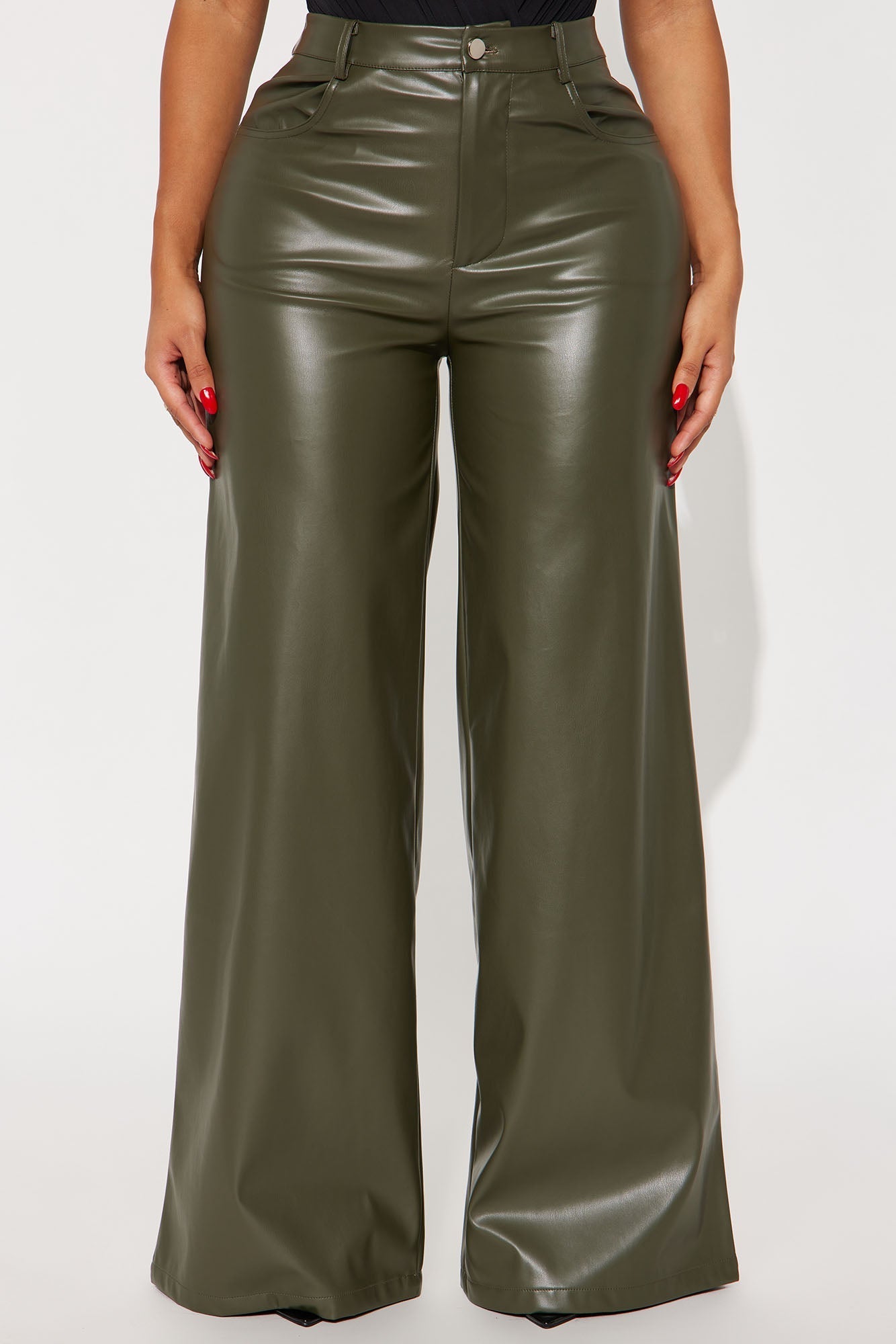 Just For Now Faux Leather Wide Leg Pant 33 - Olive