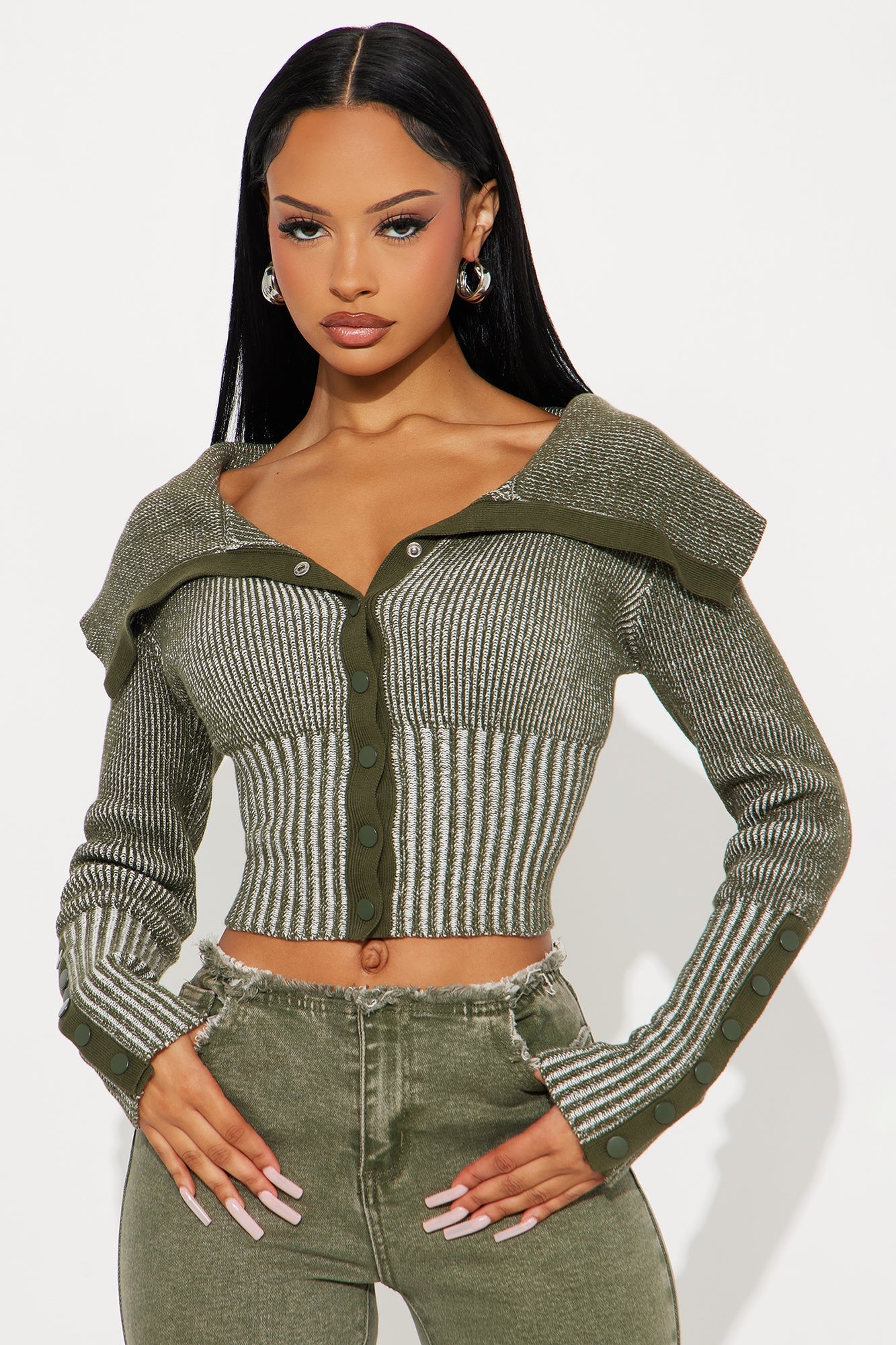 City Girl Marled Cropped Cardigan - Olive