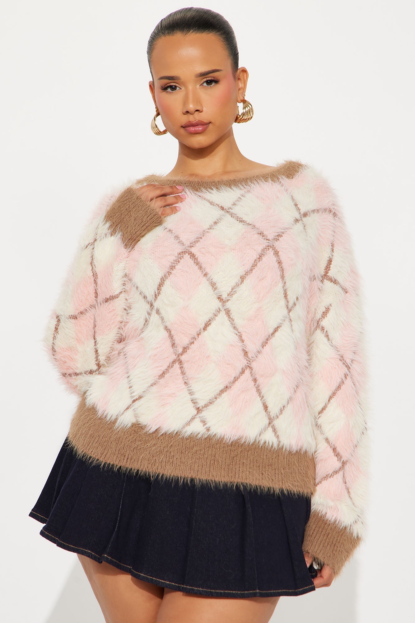 Fuzzy Feeling Argyle Sweater - Pink/combo