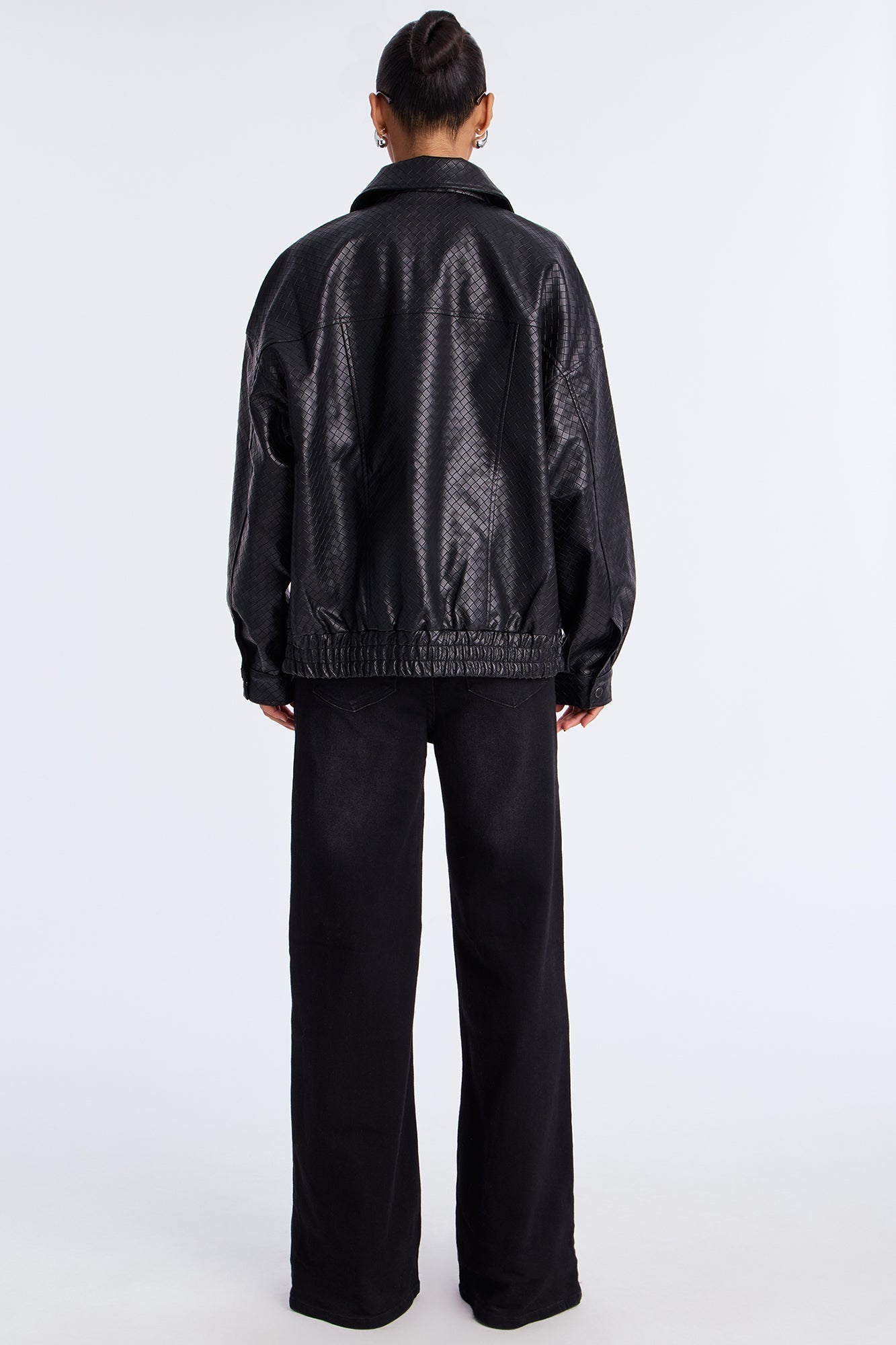 Lea Woven Faux Leather Bomber Jacket - Black