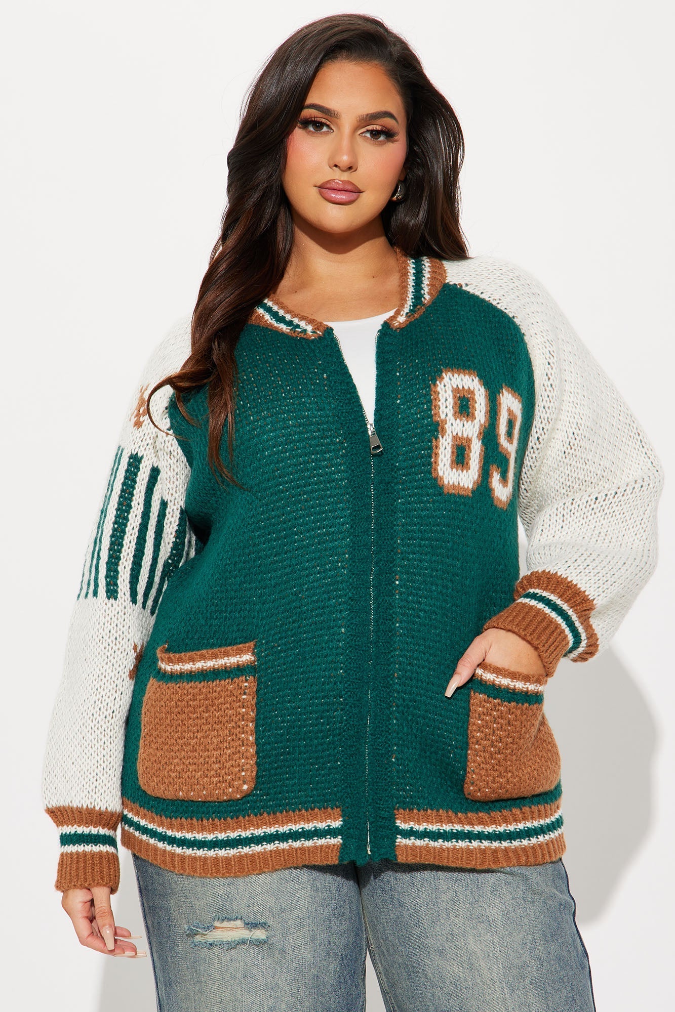 89 Forever Varsity Front Zip Sweater - Hunter