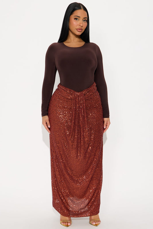 Party Time Sequin Drape Maxi Skirt - Rust