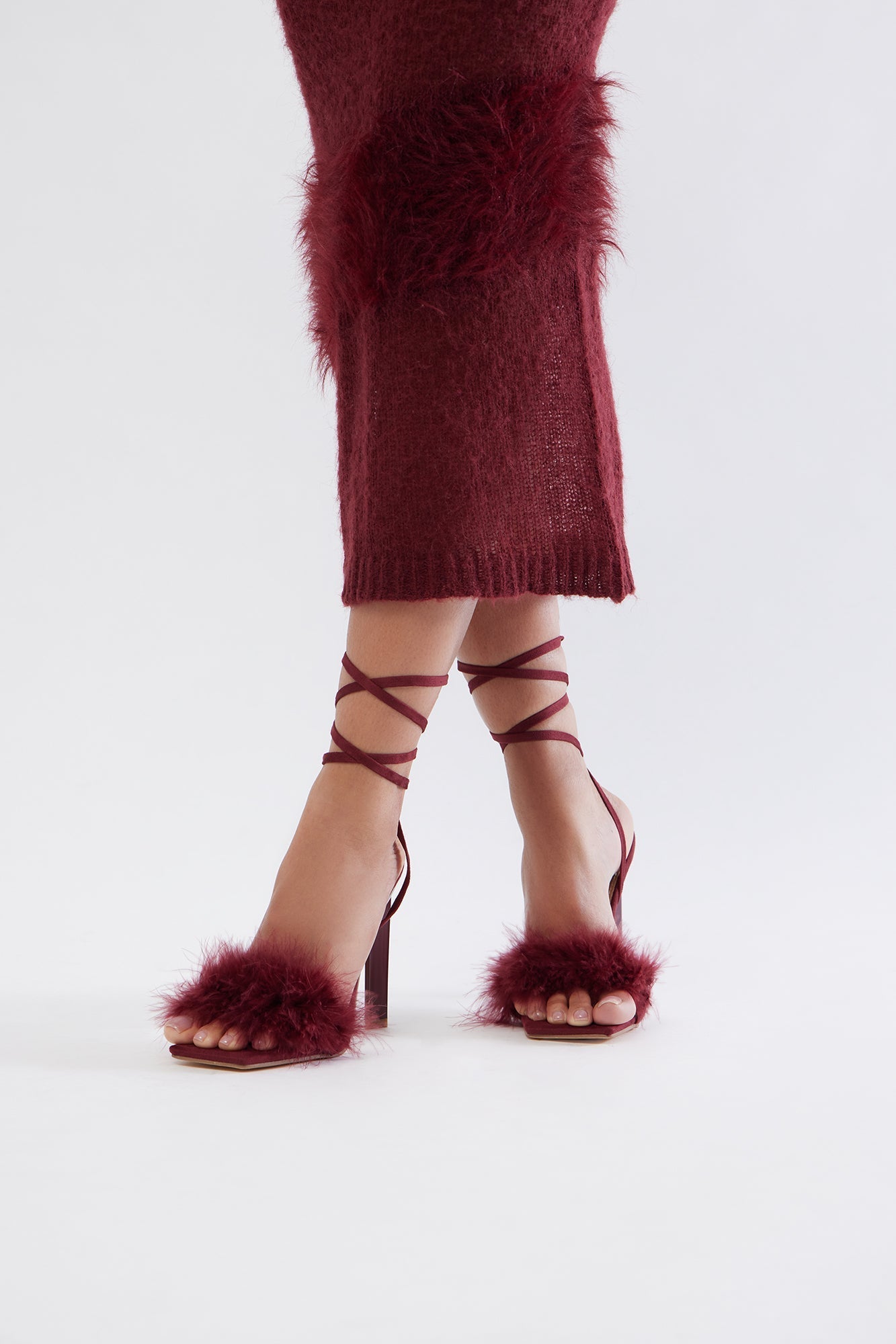 Aubrie Feather Wrap Up Heels - Burgundy