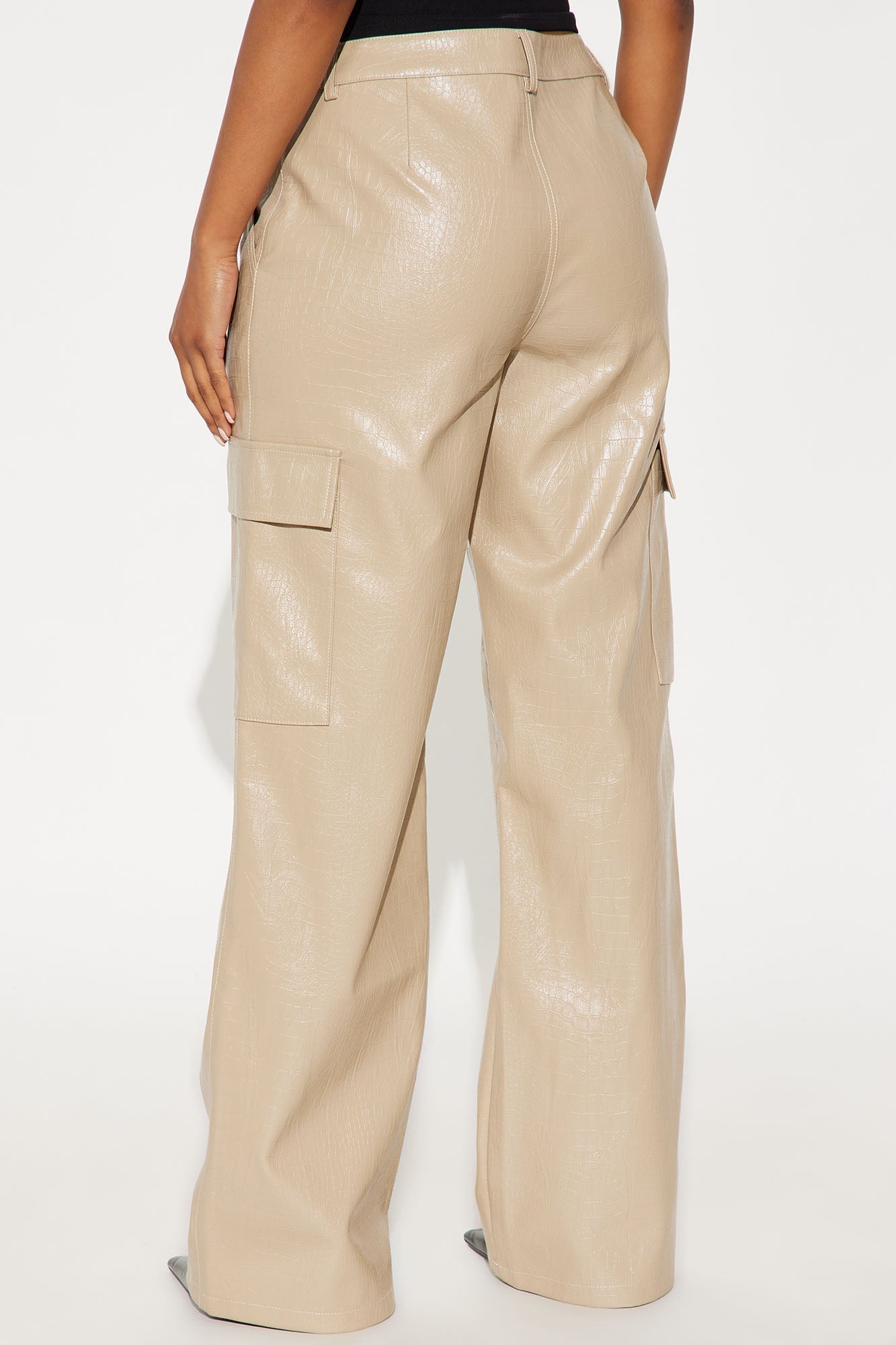 No Competition Here Faux Leather Wide Leg Croc Pant 33 - Bone