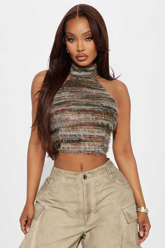 Odetta Fuzzy Halter Top - Green/combo