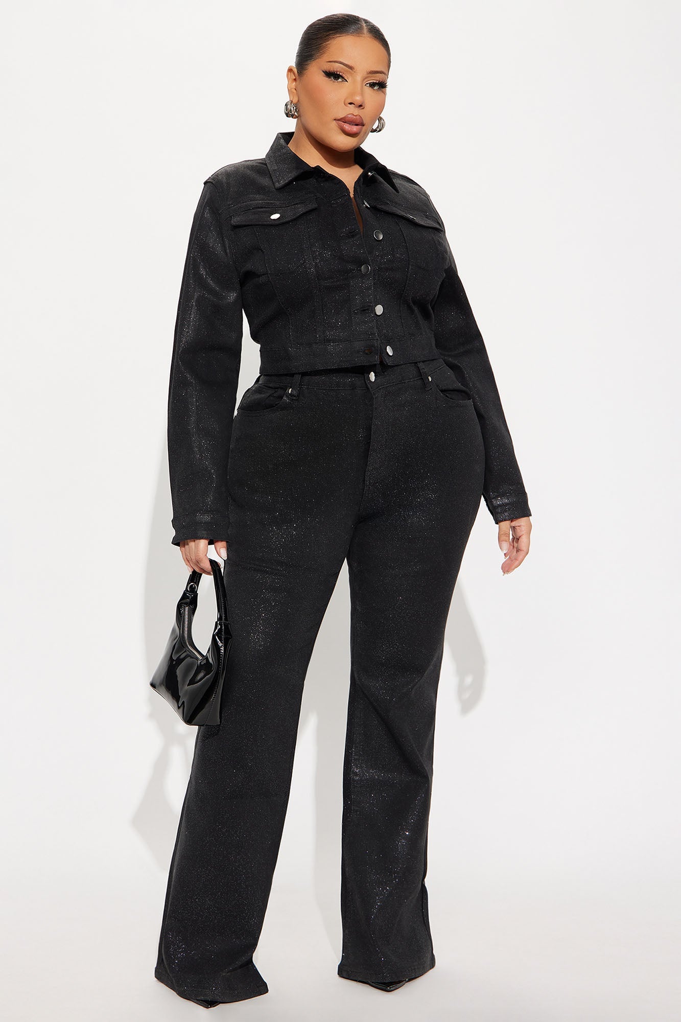 Past Midnight Glitter Foil Denim Jacket - Black