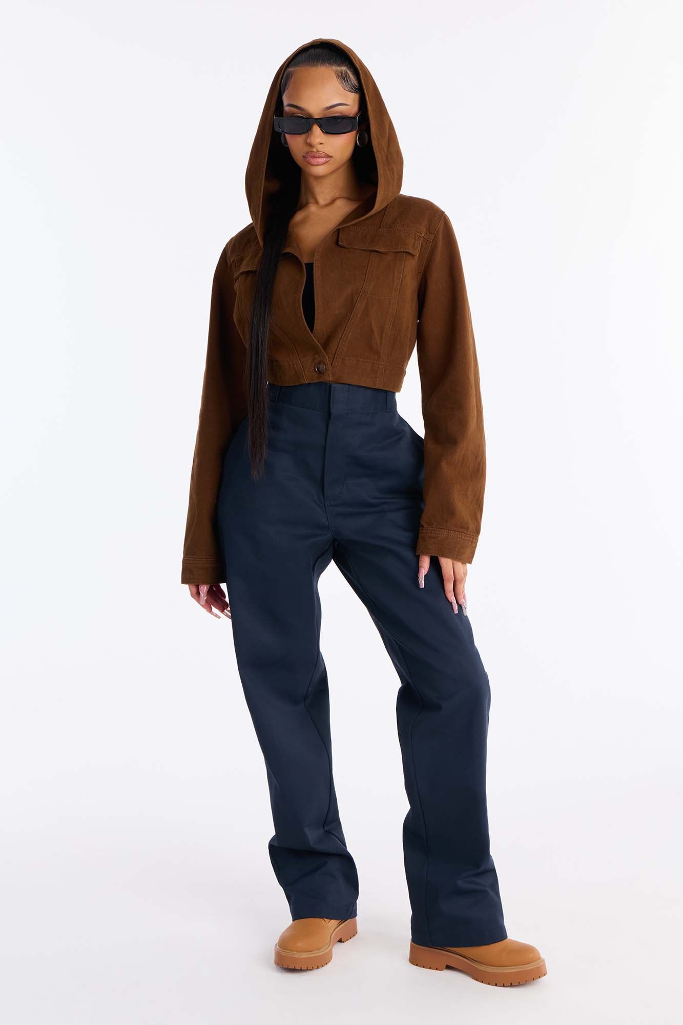 Ruthie Hooded Washed Twill Cropped Jacket - Brown