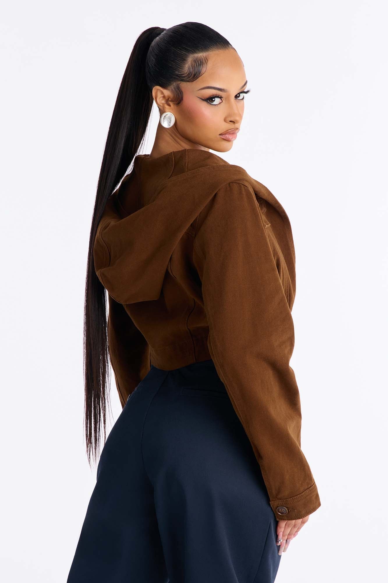 Ruthie Hooded Washed Twill Cropped Jacket - Brown