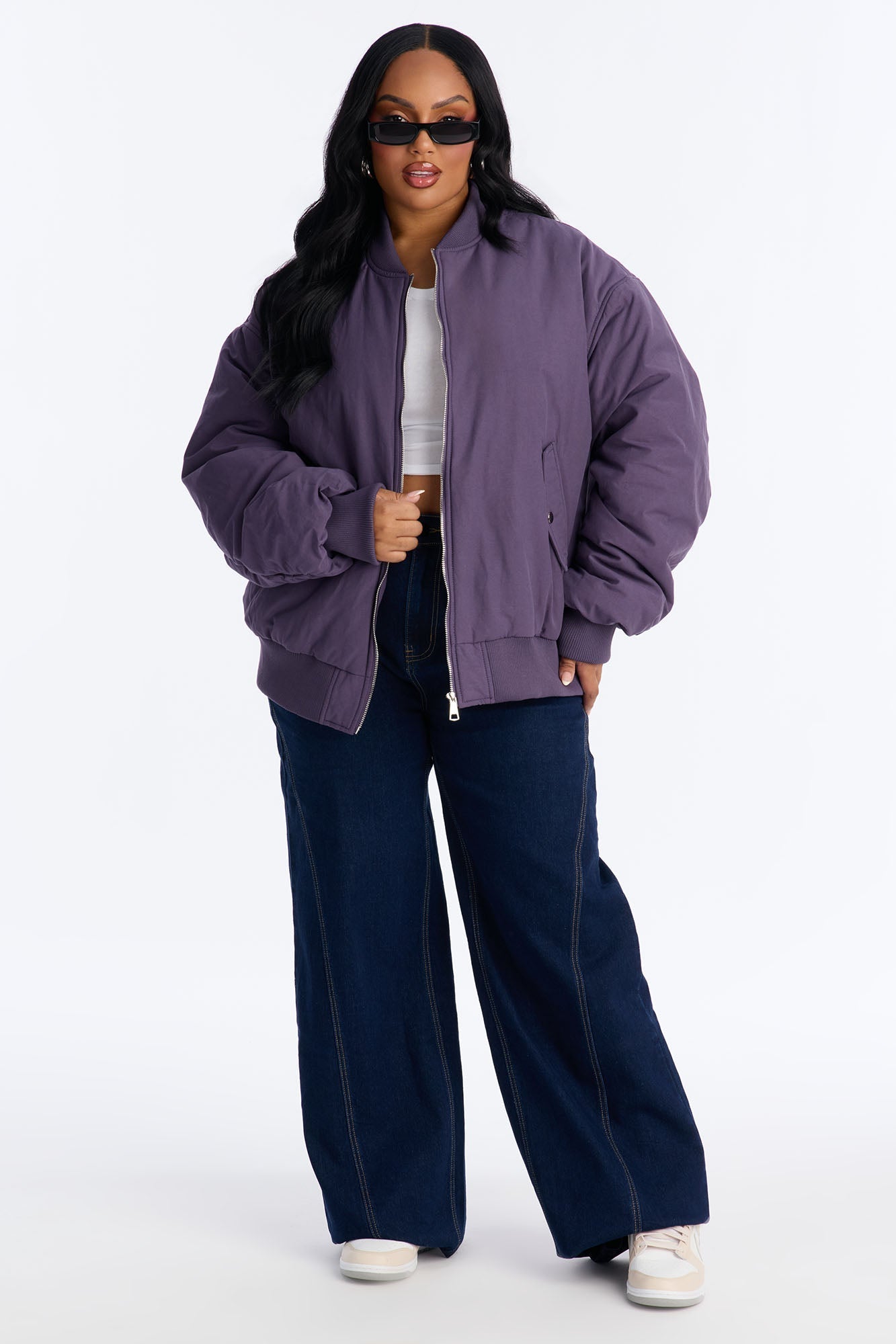 Juno Oversized Barrel Sleeve Bomber Jacket - Eggplant