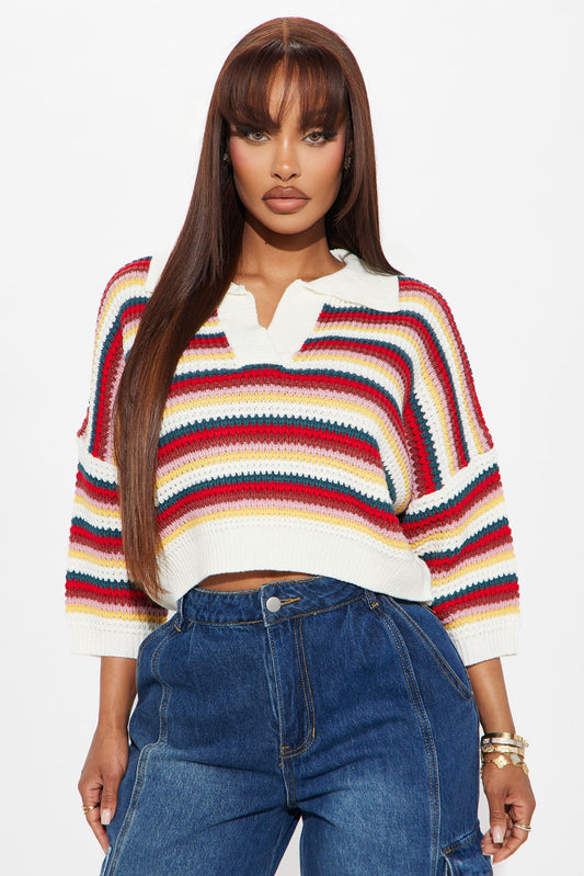 Vacay Vibe Striped Crochet Polo - Multi Color