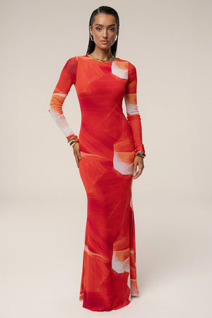 Sunset Red Palms And Sands Mesh Maxi Dress